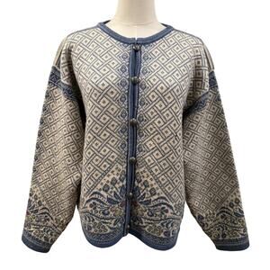 Vintage Dale of Norway Wool Cardigan Sweater Blue Nordic Women Large Premium